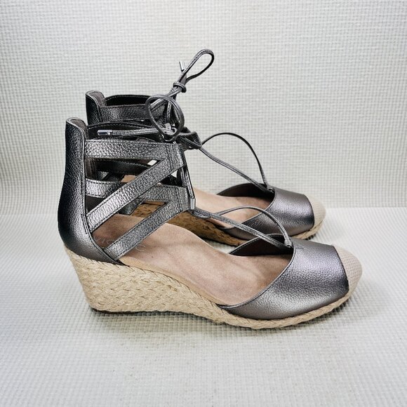 Vionic Calypso Espadrille Wedge Sandals Womens 10 Pewter Metallic Orthotic Shoe - Picture 1 of 11
